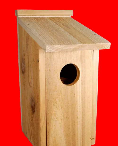Wooden birdhouse with a circular entrance on a white background