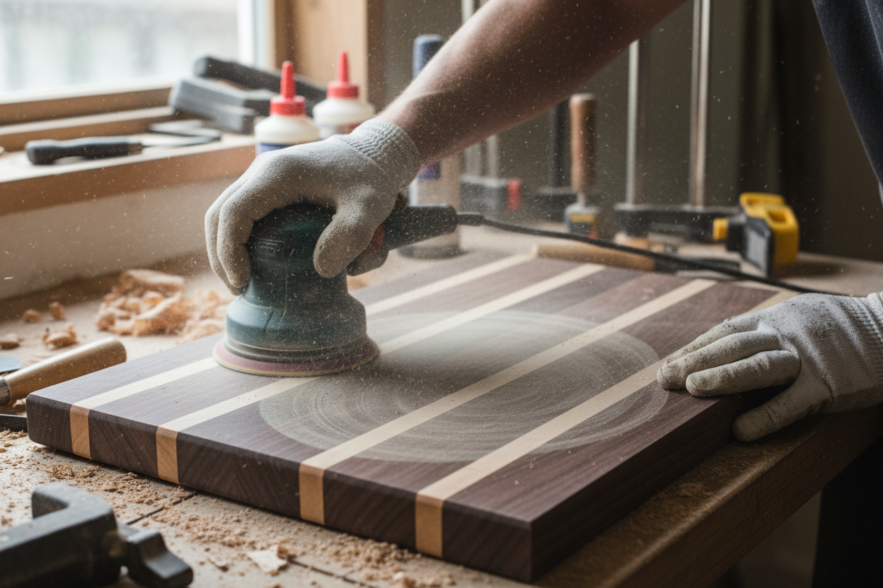 wood cutting board being sanded