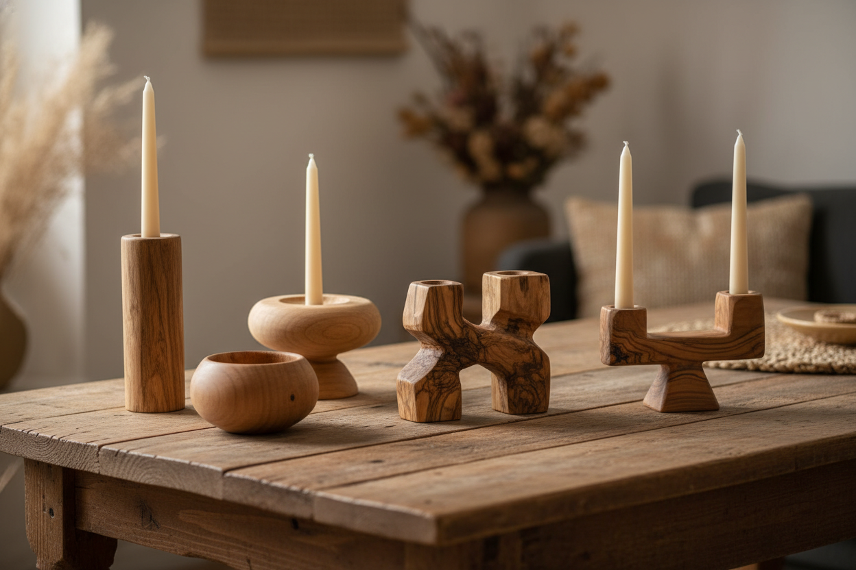 Wooden products on a wooden table. Candle holders
